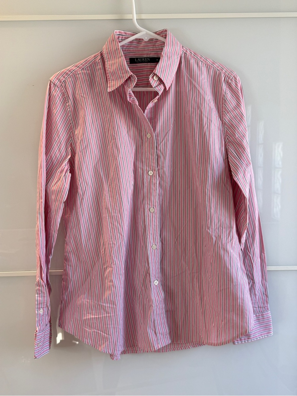 Lauren Ralph Lauren Pink and Navy Multi-Stripe Button-Up Dress Shirt